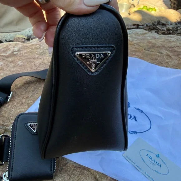 Genuine vegan leather PRADA Black triangle Sling Bag with detachable Logo mini - Picture 4 of 13